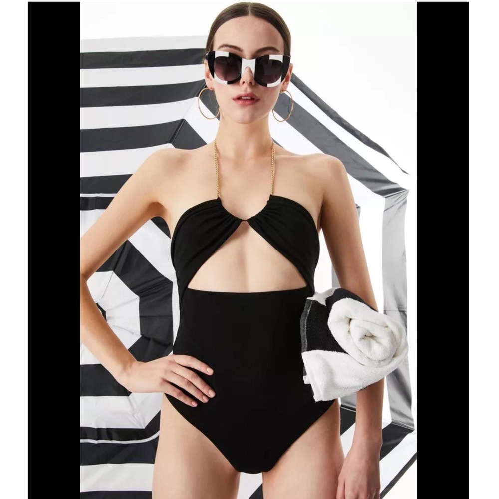 Alice + Olivia Sariya Cutout Bodysuit Black Thong Back Chain Neck‎ Large (E)